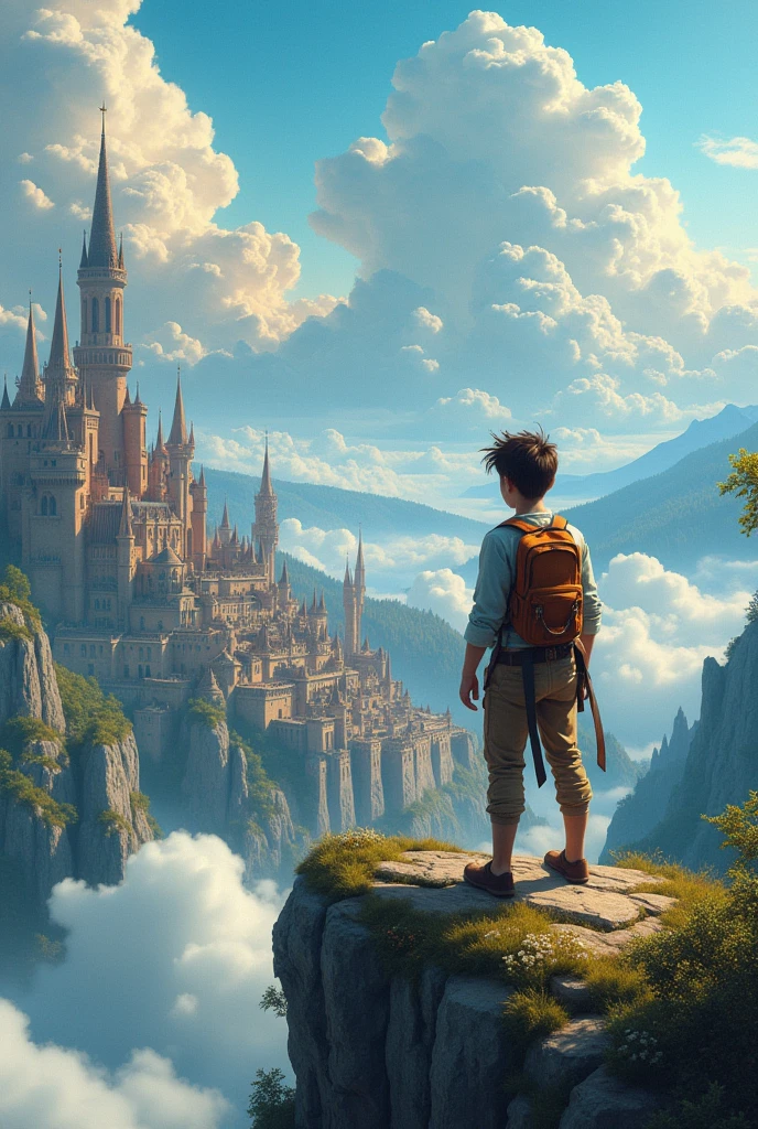 young man,stand,Turn your back.,adventurer,stand on cliff, Ahead is a big kingdom town. big cloud  kingdom town city, fairy tail  , beginer Adventurer, wind fantasy.