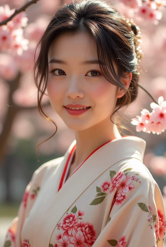 An elegantly dressed Japanese woman in natural light、A close-up of her chest and calm expression.、It shows her inner peace and outer charm.。