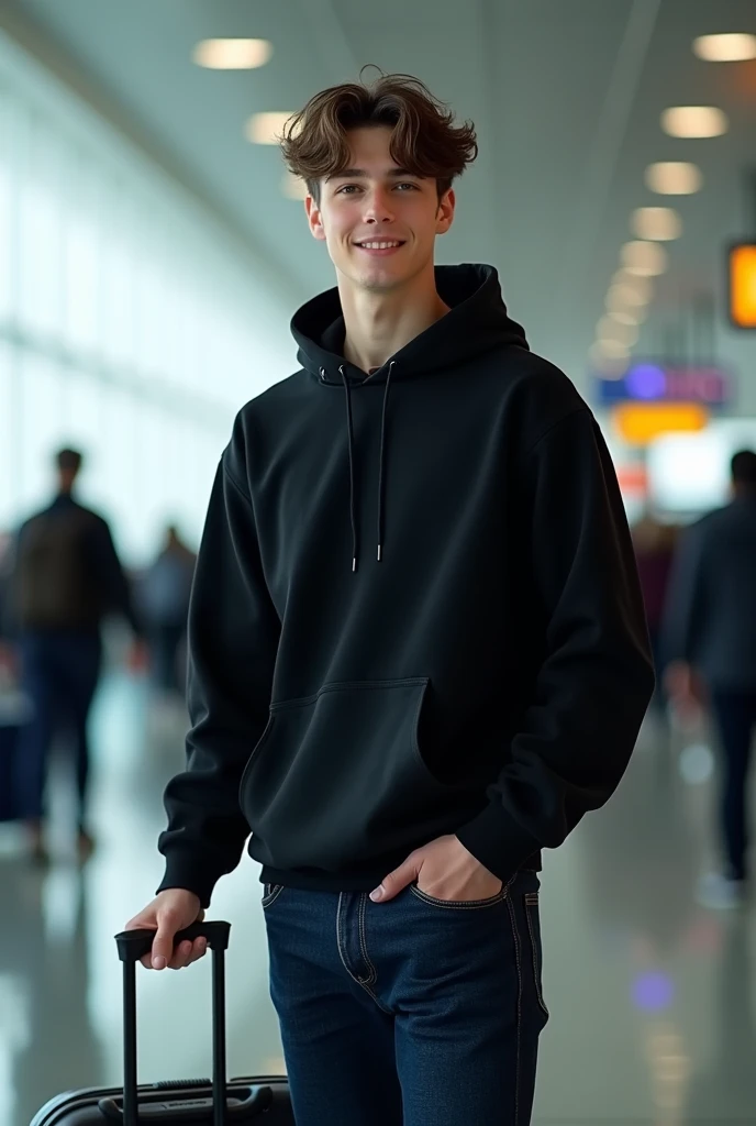 Một chàng trai lai đức và nhật bản, 19-year-old, straight and slightly messy hair, hair detailed, realistic hair, fair skin, is model, High, black backpack and 1 side comfortable style, stand comfortably and put your right hand in your pocket, left hand holding the suitcase handle, smiley face, eyes slightly squinted because of smiling, wearing a black hoodie and dark blue jeans, very detailed jeans fabric, looks real, light brown eyes, from calf up, shot from bottom angle, standing at the airport, Best quality, Intricate details, highly detailed, mise au point nette, detailed skin, realistic skin texture, texture, detailled eyes, professionnel, 4K,Extremely detailed, Photograph_\(ultra\), photoreallistic, Realstic, Post-traitement, maximum details, roughness, real life, Ultra Realist, Photorealism, photographie, 8k