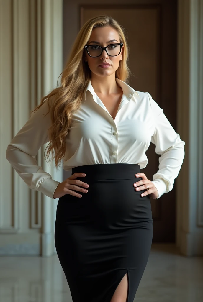 Full body picture of a tall, chubby, blonde girl with long hair. Female bossy, very chubby. strict, formal clothes, high-neck blouse, pencil skirt, no underwear, hands on her wide hips. very voluptuous, strict glasses. Menacing, dominating posture and expression. POV facesitting, she is Sitting on the viewers face