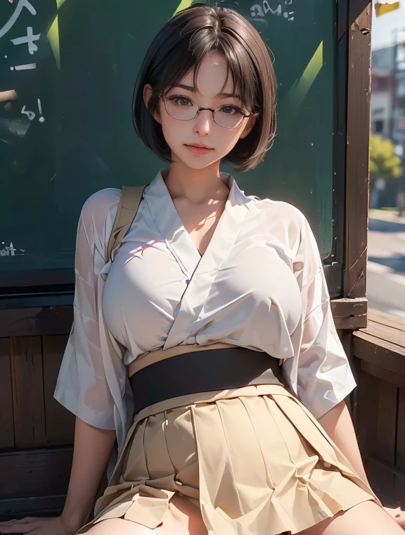 8k, RAW Photos, Highest quality, masterpiece, Realistic, Realistic, (1 Ultimate beauty), ((Sexy high school teacher wearing kimono)),(Strictly adhere to a composition where only one person appears in the photo)、(On the way to school)(Squatting on the road)(Wear rimless glasses)((high school girl))(((thin, white shirt and short brown flared skirt)))((I can see your pants))Highly detailed face, (Perfect Teeth), fine grain, double eyelid, eyelash, Lip details, (((Black short bob hair), (((Very large breasts)))Big Breasts,(((Accentuate your cleavage)))(((Squat pose)))(((Emphasizing the flesh of the crotch)))((Sexy pose))Cowboy Shot,  Soft Light, ((Written boundary depth)) 
Proceed with caution，((,Japanese women)), (((moderately fleshy body, Tight waist))), (((Realistic))