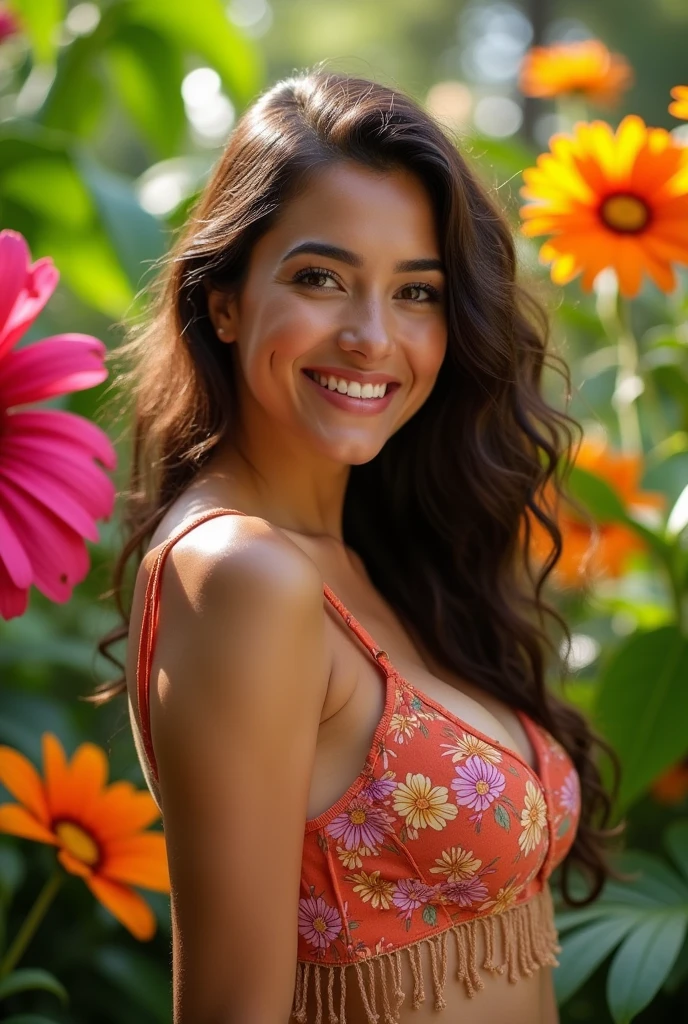 A Brazilian woman in a lush tropical garden, completely naked, with a close-up capturing the harmonious beauty between her breasts and the natural flowers, showing off your natural charm and outgoing personality.