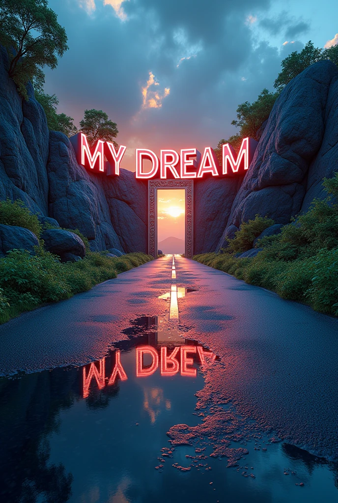 There may be giant letters on the road: The letters of the word "MY DREAM " could extend along the road, forming part of the landscape. They could be three-dimensional or embedded in the asphalt..Dimensional doors: Somewhere along the road, A door may appear that opens to another world or dimension, revealing completely different landscapes.Puddles of ink: Instead of puddles of water, Imagine puddles of black ink reflecting the starry sky in a distorted way. This would add a mysterious and dreamlike touch to the scene..