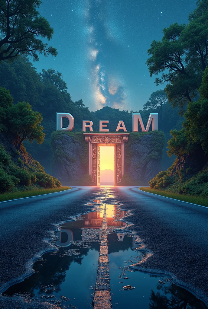 There may be giant letters on the road: The letters of the word "MY DREAM " could extend along the road, forming part of the landscape. They could be three-dimensional or embedded in the asphalt..Dimensional doors: Somewhere along the road, A door may appear that opens to another world or dimension, revealing completely different landscapes.Puddles of ink: Instead of puddles of water, Imagine puddles of black ink reflecting the starry sky in a distorted way. This would add a mysterious and dreamlike touch to the scene..
