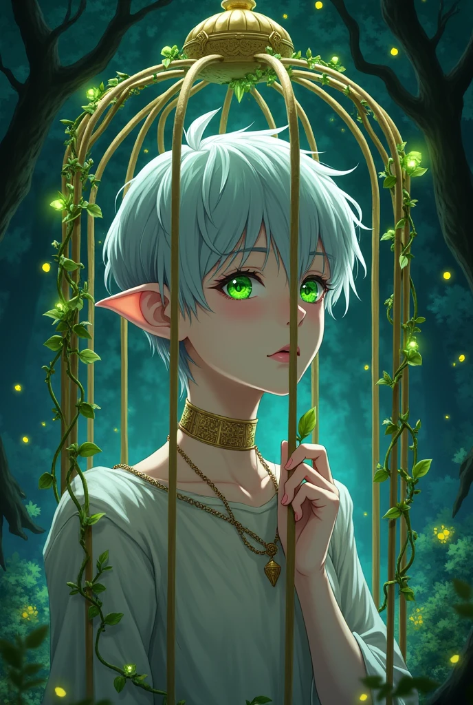 Anime Style　Young、Silver Haired Elf　He is put in a cage with a collar on