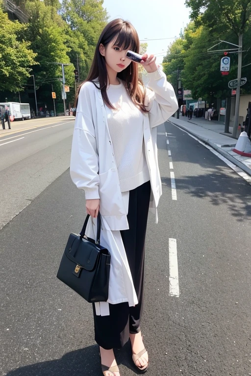 Highest quality、masterpiece、High sensitivity、High resolution、Detailed Description、Slender women、on the road、While playing with a cell phone、Carrying a big bag、Leaning against the wall、Are standing、
