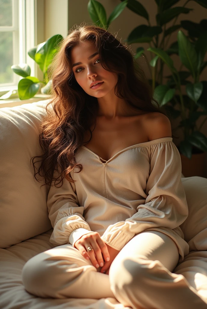 (photorealism:1.2), beautiful woman, sitting on bed, wearing loose off-shoulder top, pajama pants, long curly hair, indoors, soft lighting, plants in background, window with sunlight, cozy room, relaxed pose, realistic, intricate details, warm colors, by Greg Rutkowski, by Alphonse Mucha