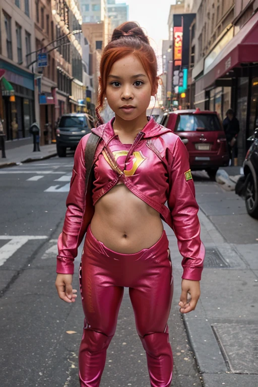 full body view of a 7 year old bi-racial girl with red hair that's tied into a bun and bright brown eyes wearing a pink superhero suit that has an emblem of a dolphin in the center of her suit in the streets of new york city