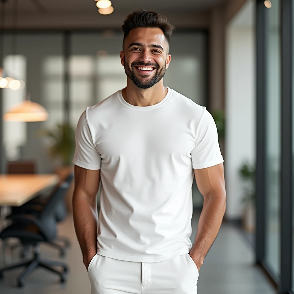 A high-resolution, photorealistic, {{full-body from head to toe}}, walking to camera, front-facing image of a man, 1.85m tall wearing a plain white t-shirt and pants. The man is smiling, standing straight with a relaxed posture and a neutral expression. The scene is set against a [modern office interior] background with [soft ambient light]. The t-shirt is smooth, with minimal folds, ideal for overlaying designs. The image captures the entire body from head to toe, with realistic lighting and detailed textures.