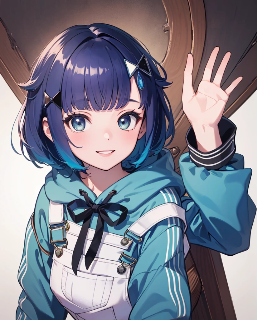 ((masterpiece, Highest quality, Absurd, Perfect Anatomy,Looking at the Viewer,8k,masterpiece, best quality1girl,solo))Tsumugi Kokage, short hair, hair ornament, hoodie, white overalls,smile