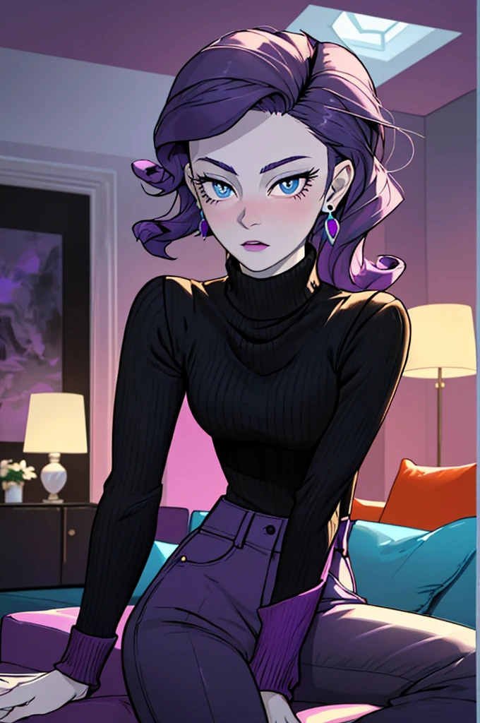 women, blue eyes, Pale skin, Curly Purple Hair, wearing turtleneck, Black pants, earrings, looking to the camera, surprised expression, inside, Living room, Instagram Pose, comfortable room, hot colors, bright lighting, moody atmosphere, underwear 