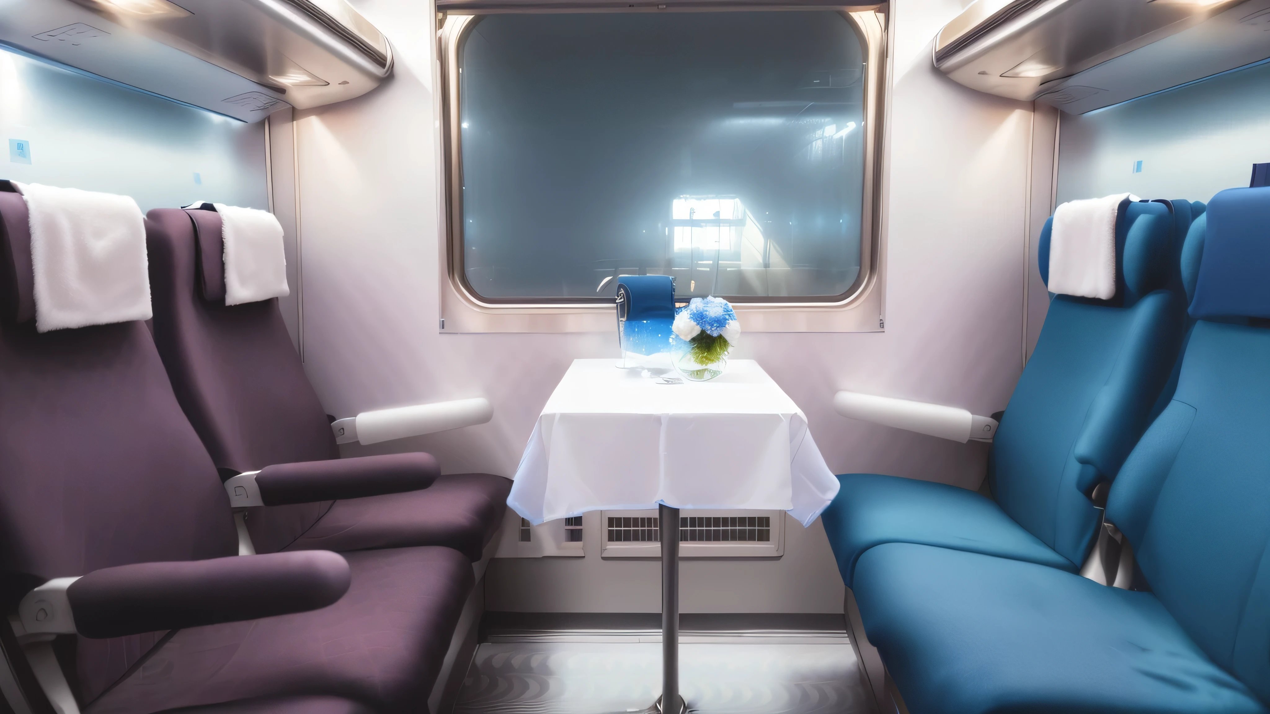 there are blue seats in the train with a table and a window, by karlkka, train, interior, inside the train, alexandra fomina, eurostar, platform, high speed trains, sat down in train aile, tgv, elegant interior, alexander abdulov, elegant scene, extremly high quality, romantic, completely empty, interior photograph