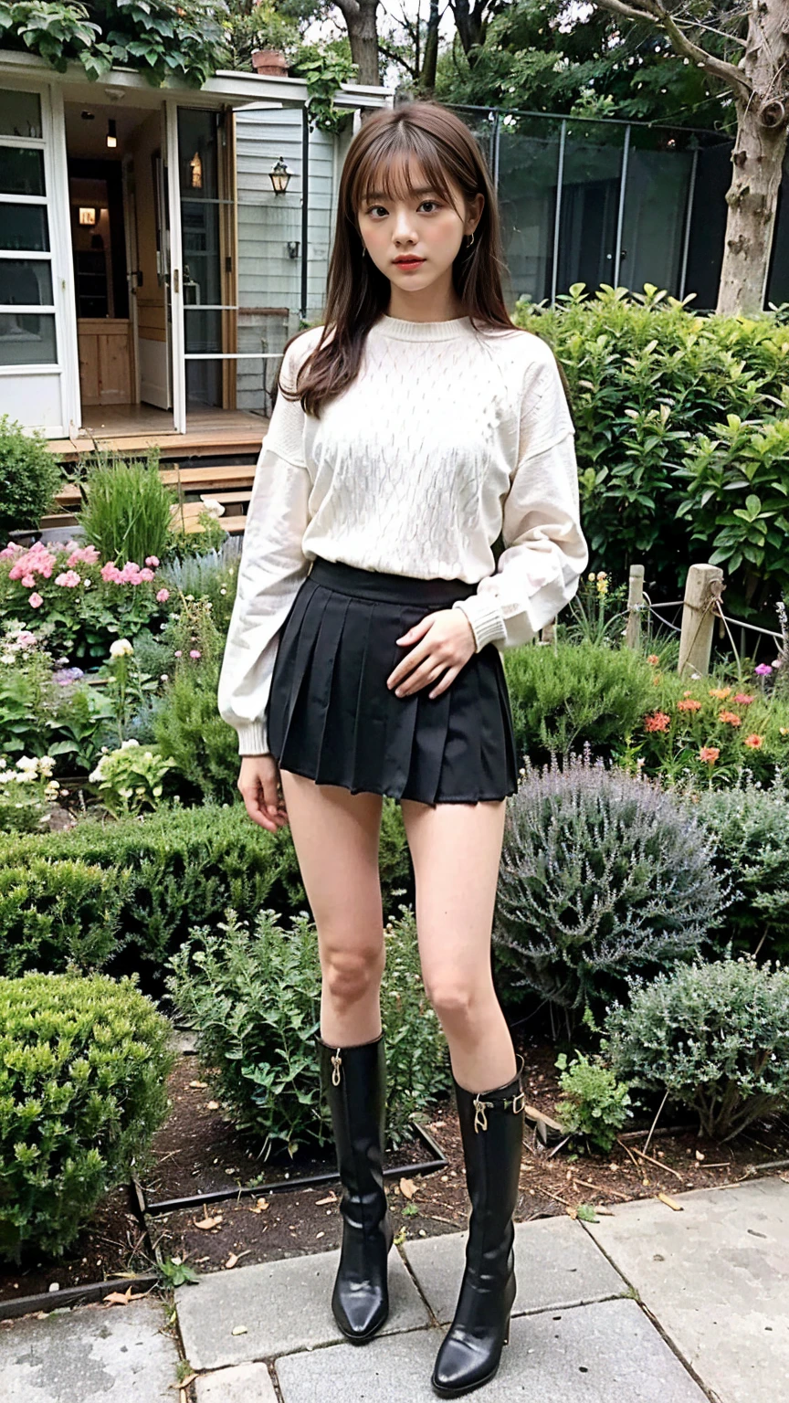 (8k、RAW Photos、Highest quality、masterpiece:1.2)、(Realistic、Realistic)、1 person、((sweater、mini skirt、Medium Hair、garden、garden、Breast enlargement、boots、cool、Thin legs、whole body、View from the front、Looking into the camera、Stand with hands on hips))、cute