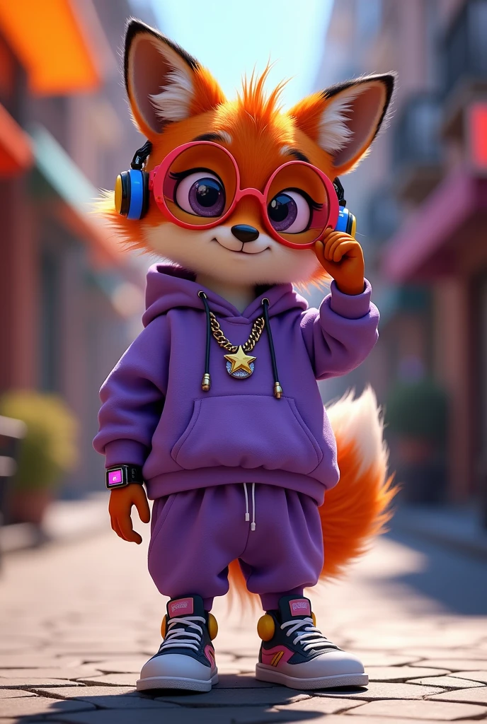 Create a 3D Disney Pixar style young fox named Fluffy. She should have vibrant orange fur with white spots on her belly and paws., with big, expressive eyes and cute ears. Cute should wear a cool and modern purple outfit:
vestimentas:
A purple sweatshirt set, with an oversized style Purple jogger pants coordinated with the sweatshirt, with contrasting fabric details.
Accessories to be included:
A pair of large, colorful headphones, with shiny details.
A chain necklace with a star or heart pendant.
A smartwatch with a bright screen and a sports strap.
A pair of stylized sneakers, with vibrant colors and unique details.
Fashion sunglasses with mirrored frames.
Fofinha must have a casual and cool attitude, adjusting headphones or showing off sunglasses. The background should be a modern and vibrant urban environment, like a city street or a cool cafe, capturing the youthful energy and style typical of Disney Pixar.