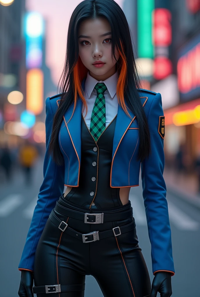 ppearance: zhu yuan, orange eyes, black hair, long hair, streaked hair, ponytail
outfit: metal hairband, police uniform, blue jacket, cropped jacket, long sleeves, black vest, two-tone vest, black gloves, green necktie, plaid necktie, black pants, high-waist pants, belt, thigh straps, knee pads, holster, tight pants, blue footwear