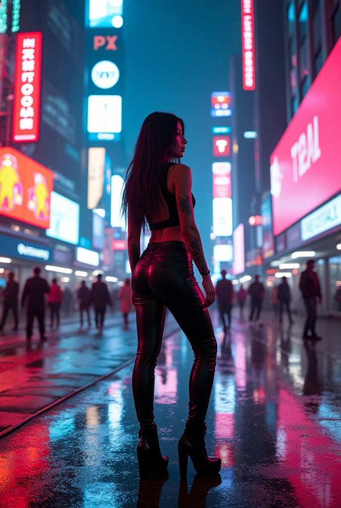 Create an image of a girl. About 25-30 years old. Standing in from of camera. Behind there should be a city center. Girl wears only a jeans pants and is naked on top. Background shouldnt be blurry.