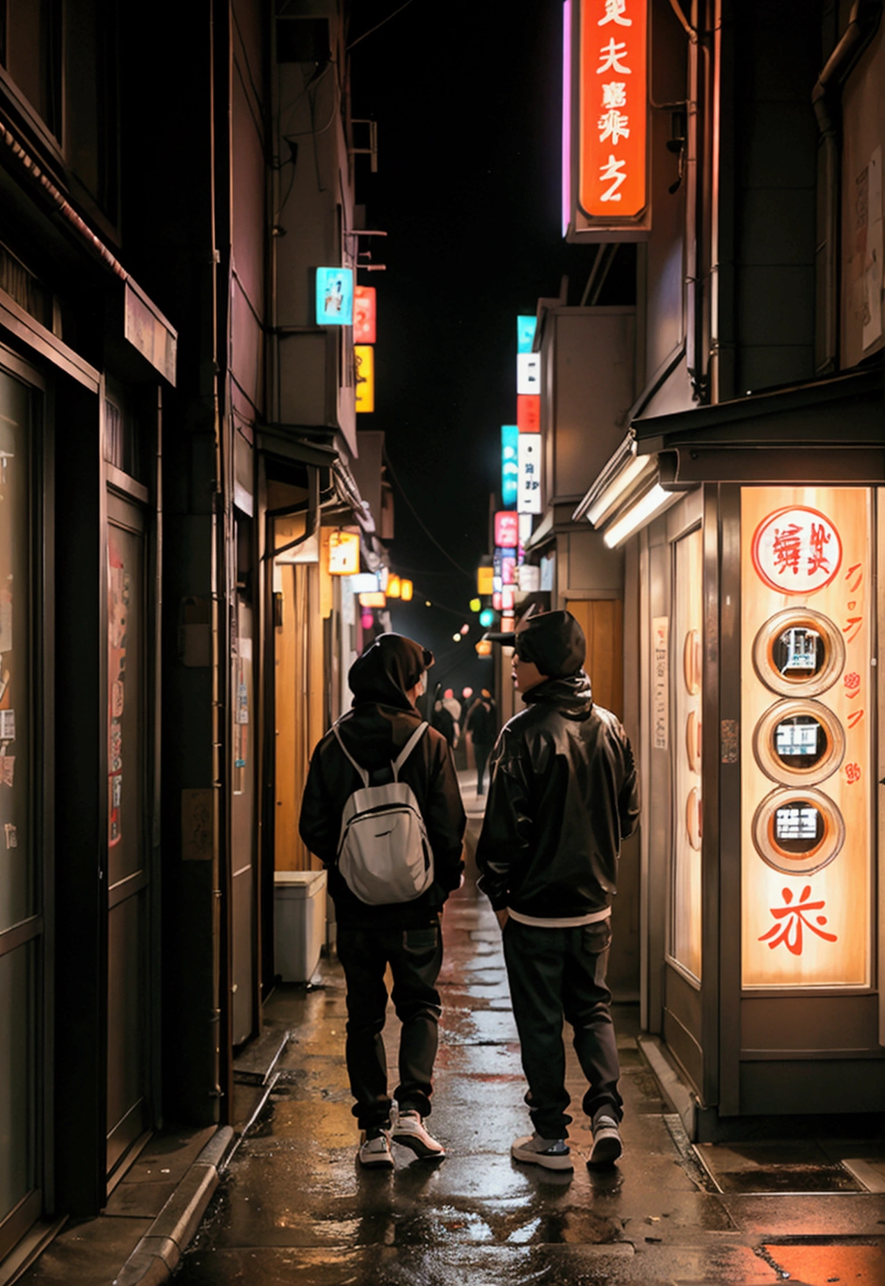 A young man in hiphop outfit standing in the center of a narrow seen from behind, dimly lit Tokyo alley. His hood is slightly pulled up, casting a shadow over his face, which is partially obscured by the glow of a neon sign that reads "Ramen Shop" in kanji characters hanging above the entrance of a small eatery to his right. The alley, a blend of traditional and modern Japan, is lined with a mix of wooden and concrete buildings. The walls are adorned with graffiti and posters for local events, creating a vibrant yet mysterious atmosphere. To the left, a line of vending machines stand tall, their lights reflecting off the wet pavement from a recent rain shower. Behind him, the neon lights of a pachinko parlor flicker, illuminating the alley in a pinkish-white hue. The man's posture is relaxed yet alert, one hand in his pocket, the other holding a takeout bag from the ramen shop. His footwear, a pair of well-worn sneakers, suggests comfort and practicality for the city streets. The scene is alive with the muffled sounds of distant traffic and the occasional chatter of passersby, yet the man remains a solitary figure, lost in thought or contemplating his next move. The rain has ceased, but the dampness in the air lingers, contributing to the alley's intimate and slightly eerie ambiance. The overall composition captures the essence of a quiet moment in the bustling city's nightlife, where the mundane intersects with the enigmatic.