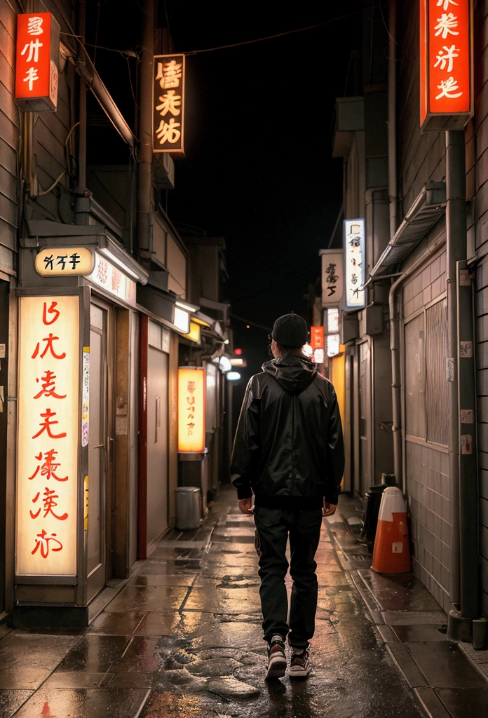 A young man in hiphop outfit standing in the center of a narrow seen from behind, dimly lit Tokyo alley. His hood is slightly pulled up, casting a shadow over his face, which is partially obscured by the glow of a neon sign that reads "Ramen Shop" in kanji characters hanging above the entrance of a small eatery to his right. The alley, a blend of traditional and modern Japan, is lined with a mix of wooden and concrete buildings. The walls are adorned with graffiti and posters for local events, creating a vibrant yet mysterious atmosphere. To the left, a line of vending machines stand tall, their lights reflecting off the wet pavement from a recent rain shower. Behind him, the neon lights of a pachinko parlor flicker, illuminating the alley in a pinkish-white hue. The man's posture is relaxed yet alert, one hand in his pocket, the other holding a takeout bag from the ramen shop. His footwear, a pair of well-worn sneakers, suggests comfort and practicality for the city streets. The scene is alive with the muffled sounds of distant traffic and the occasional chatter of passersby, yet the man remains a solitary figure, lost in thought or contemplating his next move. The rain has ceased, but the dampness in the air lingers, contributing to the alley's intimate and slightly eerie ambiance. The overall composition captures the essence of a quiet moment in the bustling city's nightlife, where the mundane intersects with the enigmatic.