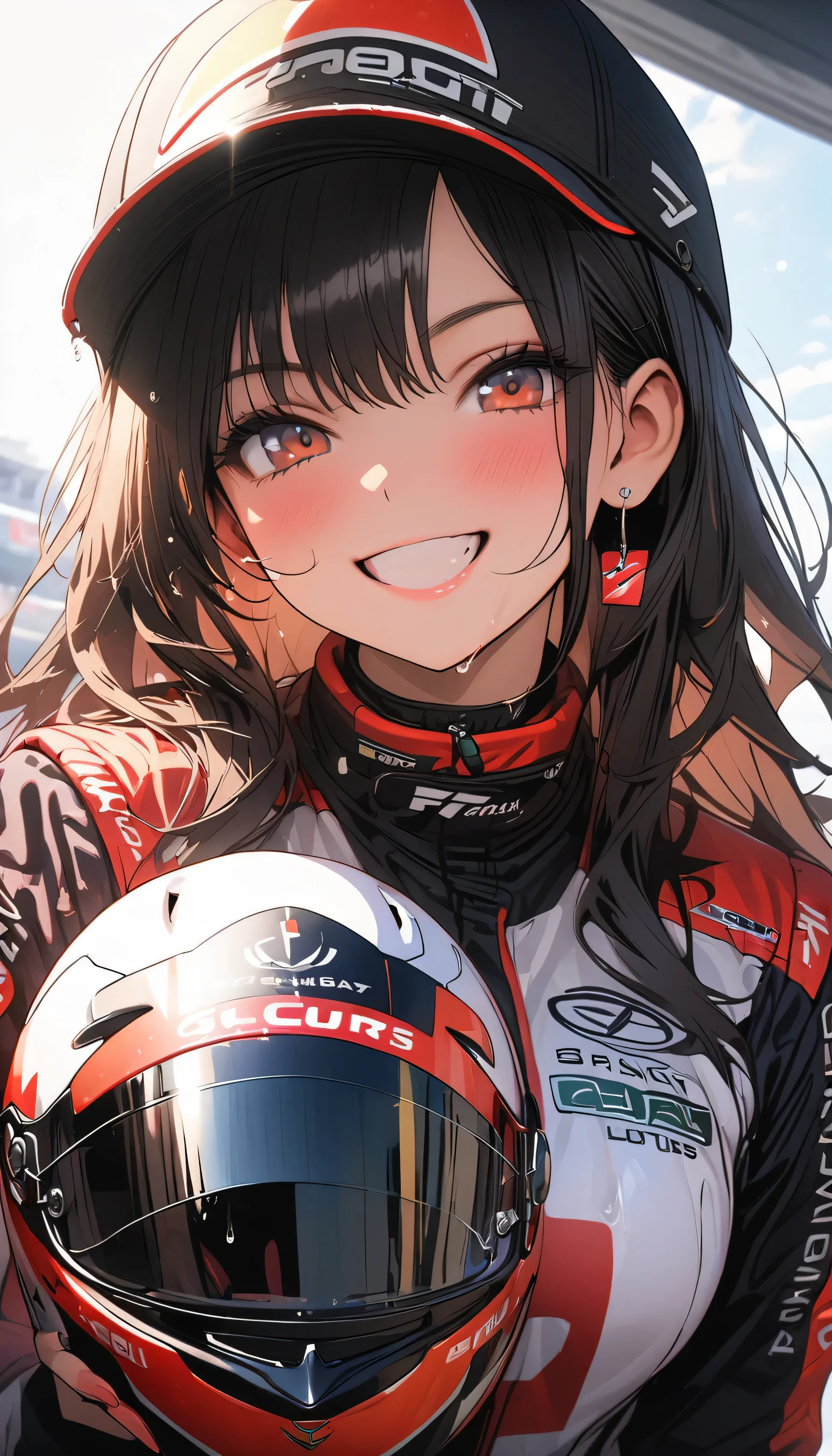 15 years old, (beautiful girl: 1.3),1girl,masterpiece, Highest quality, Ultra-high resolution,rich contrast,super high quality,8k,Highly detailed CG unit wallpaper,texture,Incredibly absurd,Ultra-high resolution,RAW Photos,She took off her helmet,F1 racing suit,F1 Circuit,A big smile,Lotus 79,An incredibly detailed car body,Beautiful car body,She stands next to the car and is happy,((Wet))
