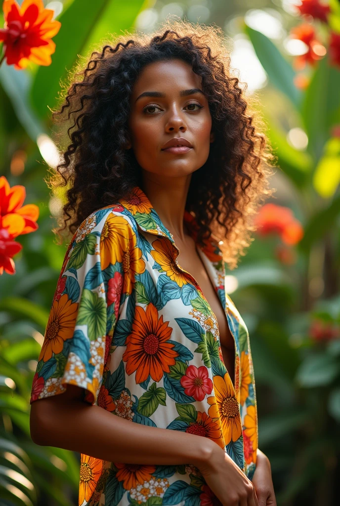 A Brazilian woman in a lush tropical garden, wearing an open shirt with a floral print, with a close-up capturing the harmonious beauty between her breasts and the natural flowers, showing off your natural charm and outgoing personality.
