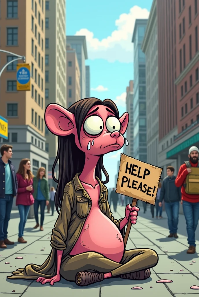 Homeless cartoon vagina asking for money and crying 