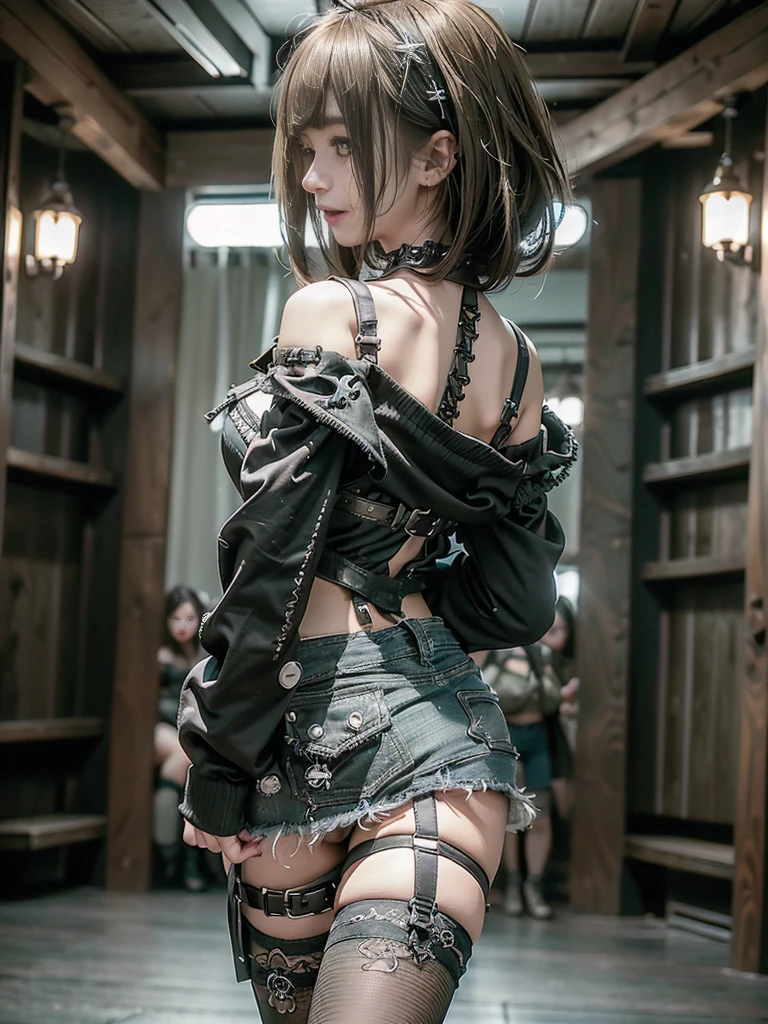 (Back view:1.4)、(Accentuate your butt:1.3)、(Beautiful skin, lips and nose:1.5)、(Smiling with teeth showing:1.3),(Fashion Model:1.5)、(Gothic battle attire with delicate embellishments:1.5)、(Moss green off-shoulder hoodie:1.5)、(Black, khaki, and white shorts:1.4)、(denim garter belt:1.5)、(Black and camouflage knee socks:1.3)、(Skull Silver Accessories:1.5)、(Lace collar:1.3)、(Brown Skin Belt:1.4)、(Brown boots:1.2)、(Underwear has polka dots:1.4)、23 years old、((Highest quality、In 8K、masterpiece:1.3))、Sharp focus:1.2、(Layered Cut、Huge boobs:1.1),Beautiful woman with perfect figure:1.4、(Dancing vigorously:1.3)、Slender Abs:1.2、Highly detailed face and skin texture、Detailed eyes、double eyelid,(Bob Hair:1.3)、(Brown-golden hair:1.3)、Gravure idol、(The background is a gorgeous fashion show:1.3)、(Slim Body:1.2),(Make your legs thinner:1.4),(clavicle:1.1),photo,