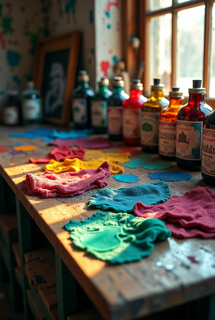 Cleaning rags with industrial ink bottles 
