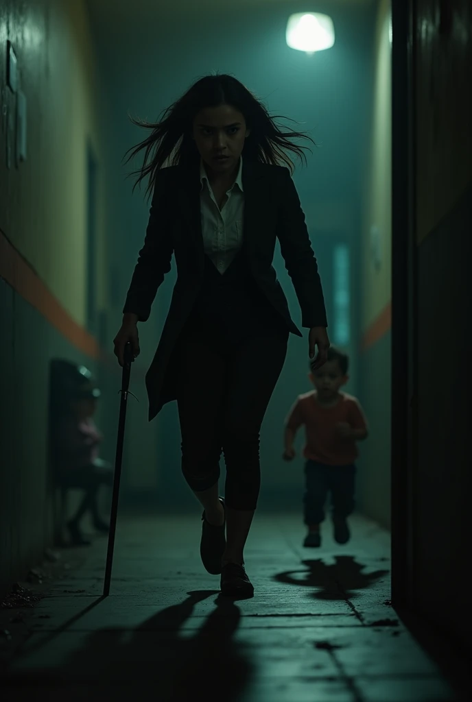 a mother holding a cane chasing a small child with an angry face, the  running away in fear, detailed facial features, dramatic lighting, cinematic composition, moody atmosphere, high contrast, photorealistic, award winning photograph, 8k, HDR,