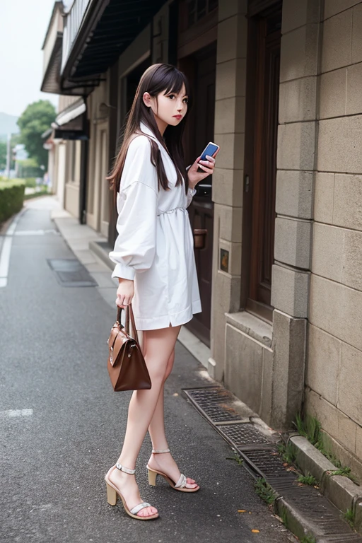 Highest quality、masterpiece、High sensitivity、High resolution、Detailed Description、Slender women、on the road、While playing with a cell phone、Carrying a big bag、Leaning against the wall、Are standing、