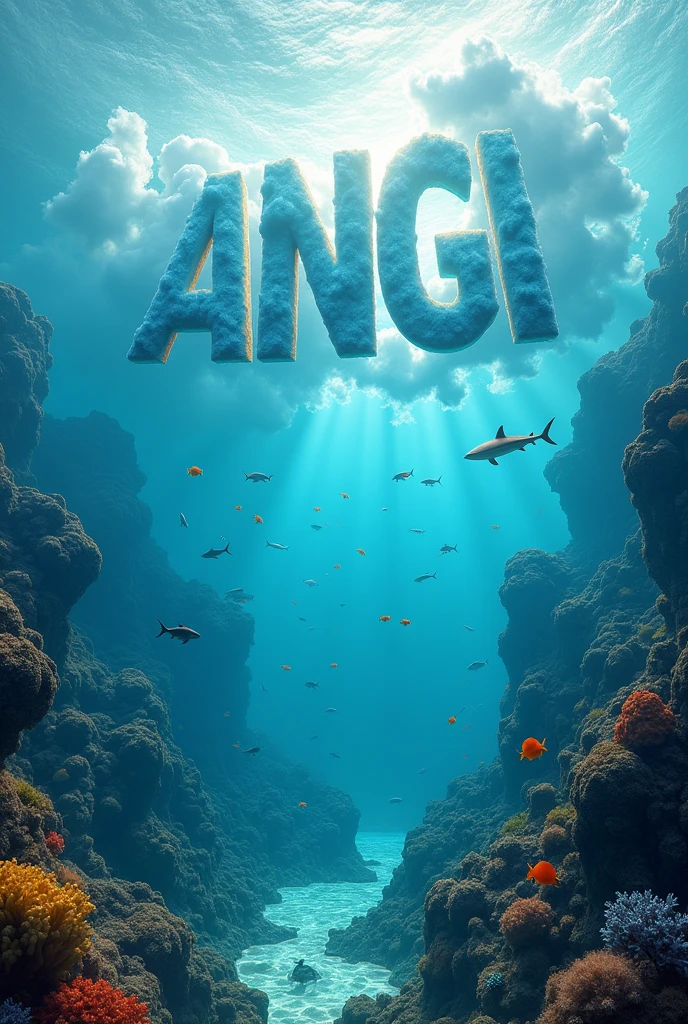 landscape of an ocean with many colorful fishs and sharks around it,in the middle there is a forming worlds "ANGGI" seen above 