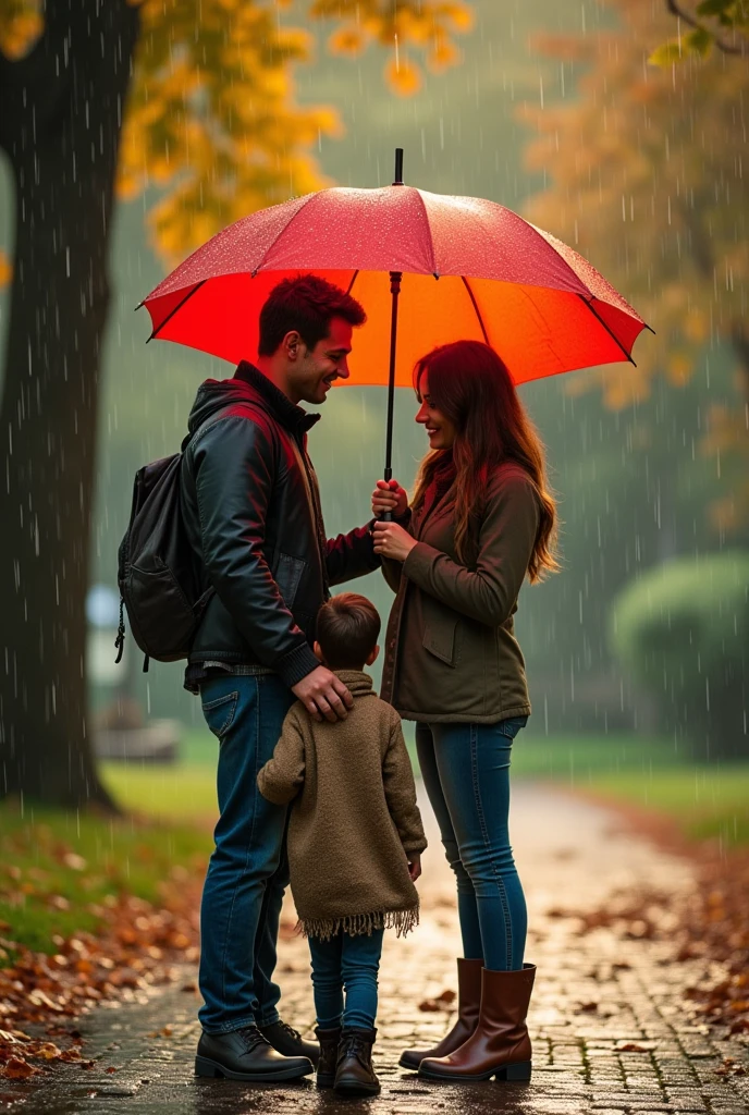 A beautiful couple giving umbrella to a small boy who wears sack in rain. ”Realistic, intricate details, vibrant colours.