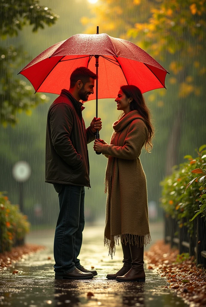 A beautiful couple giving umbrella to a small boy who wears sack in rain. ”Realistic, intricate details, vibrant colours.