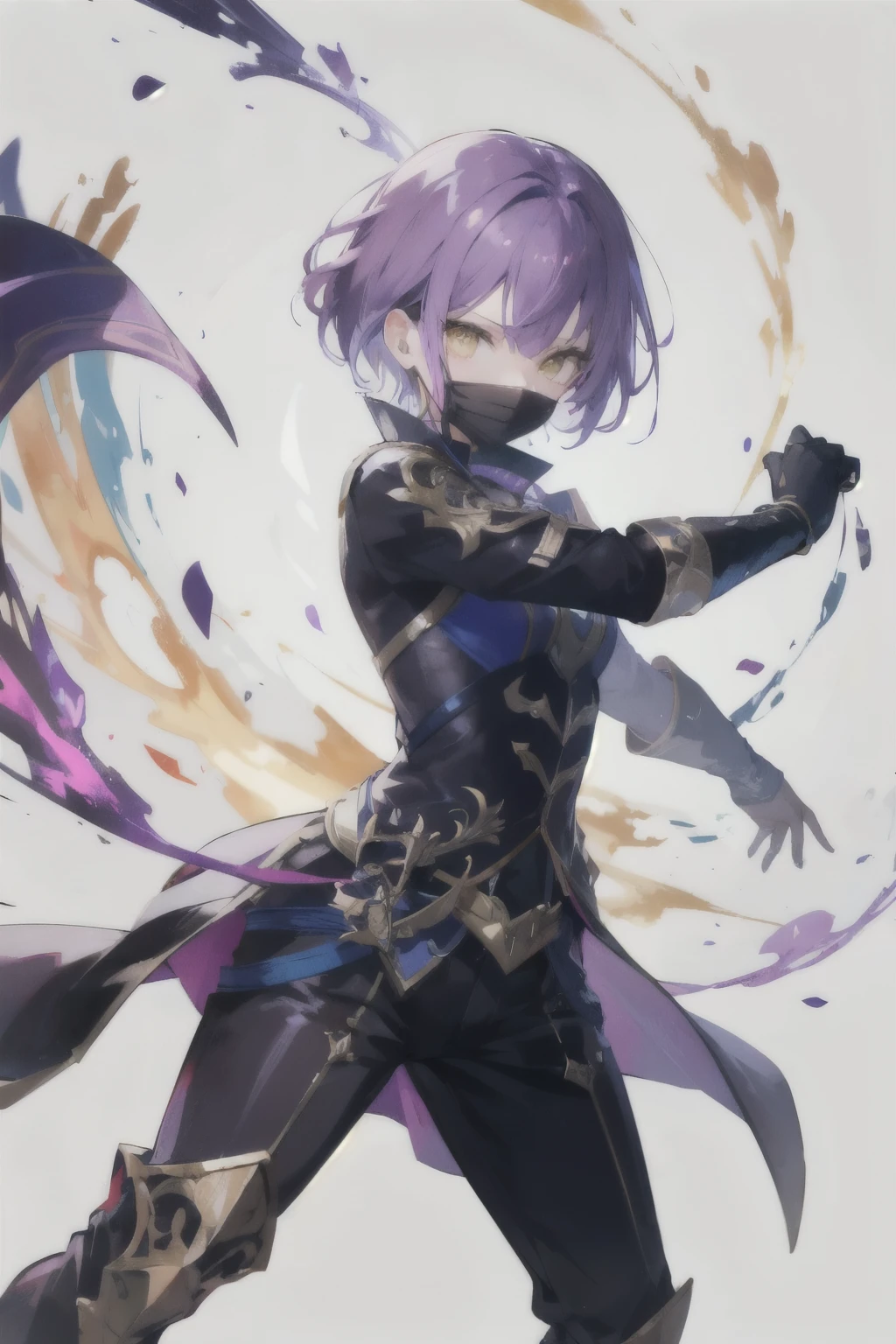 yellow eyes, short hair, purple hair, dark clothes, Combat Stance, Elemental Powers, Masquerade. Masks. Combat.Quad .