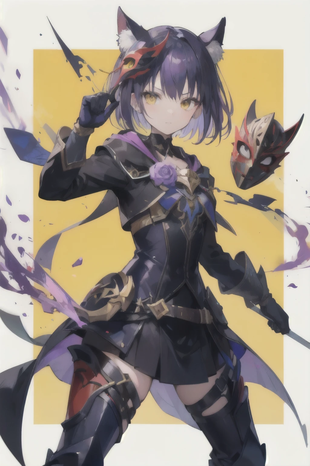 yellow eyes, short hair, purple hair, dark clothes, Combat Stance, Elemental Powers, Masquerade. Masks. Combat.Quad Elementary.