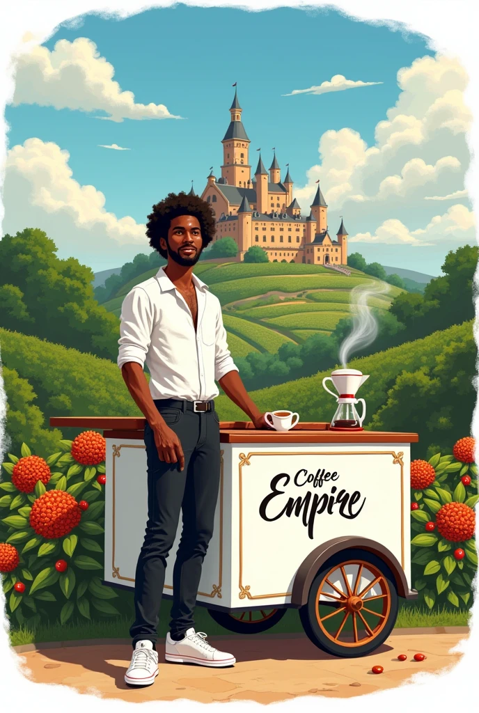 An imperial castle on a farm with coffee plantations with lots of fruit and a young black man with a teenage face and black, curly hair, good and down, with an American cut and a white blouse., with a logo that says coffee empire in Portuguese and very elegant black jeans and white sneakers, selling coffee in its white cart with the logo written coffee empire on the streets of Austin in Portuguese on the cart all in drawing