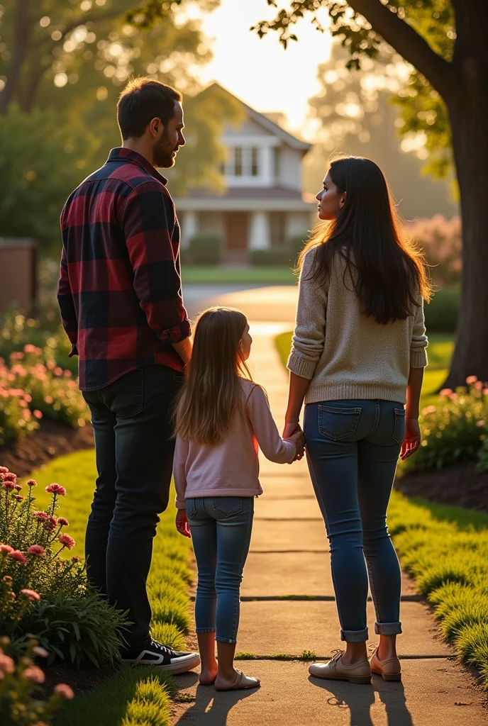 A family with “father” “mother” “daughter” and her “brother” outside the house looking at their neighbor worriedly
