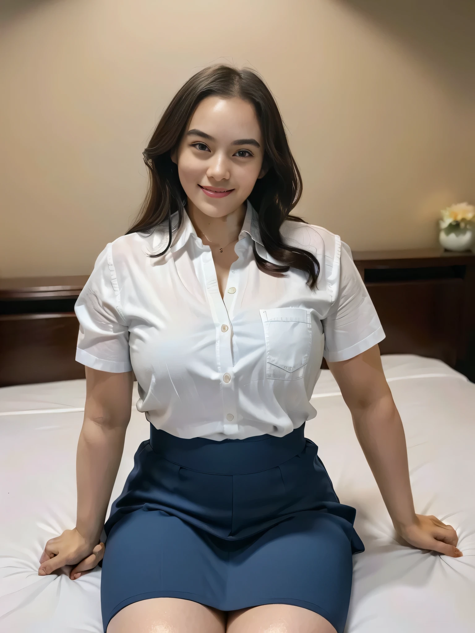 1girl, solo, sensual, top-quality, (professional lighting without shadows), view from far, (ultra wide angle shot: 1.4), (Indonesian_high_school), fit body, long hair, beautiful hairstyle, very seductive pose, little smile, sitting on top of bed, detailed face, detailed eyes, unparalleled beauty, looking at the audience, thick breasts, detailed skin, fit thighs, fit arms, muscular belly, looking at the viewer, wearing very short grey blue skirt, wearing white shirt, (8k, RAW photo, best quality, masterpiece: 1.2), (realistic, realistic: 1.5), ultra-high resolution, hyper-realistic