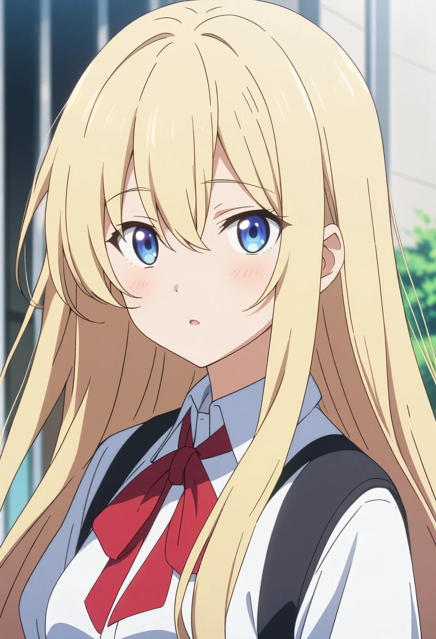 girl, anime, long hair with red and blue lines, pretty eyes, Blonde
