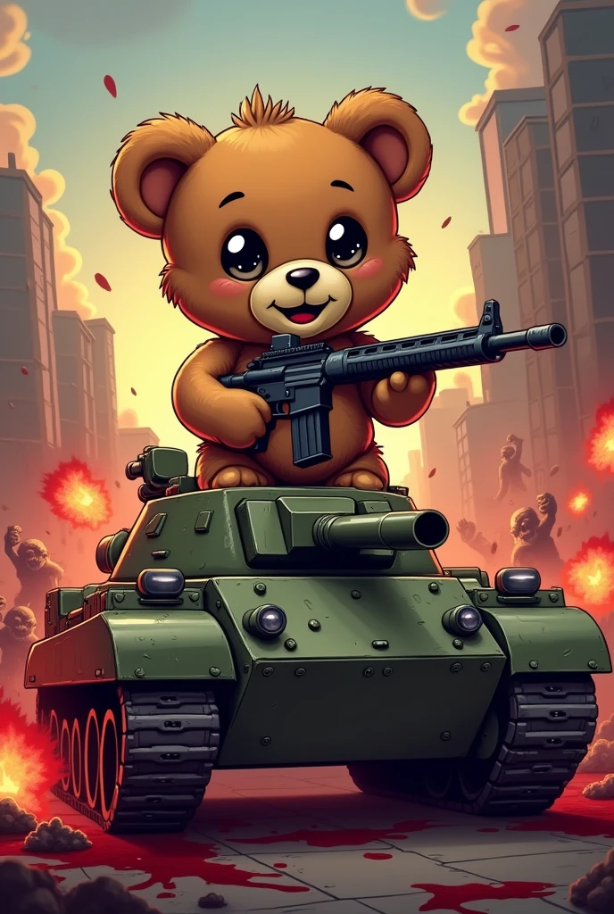 Ours en peluche mignon qui tue des zombies sanglant Fusil d'assaut dans un chars