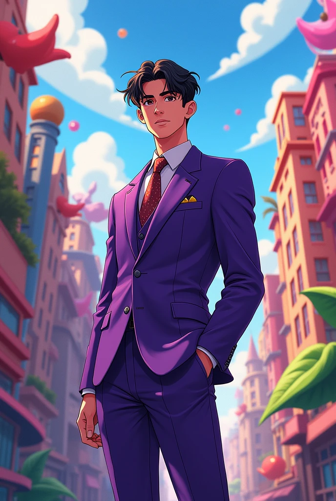 Dark-haired male character without beard and short hair cartoon in purple suit 