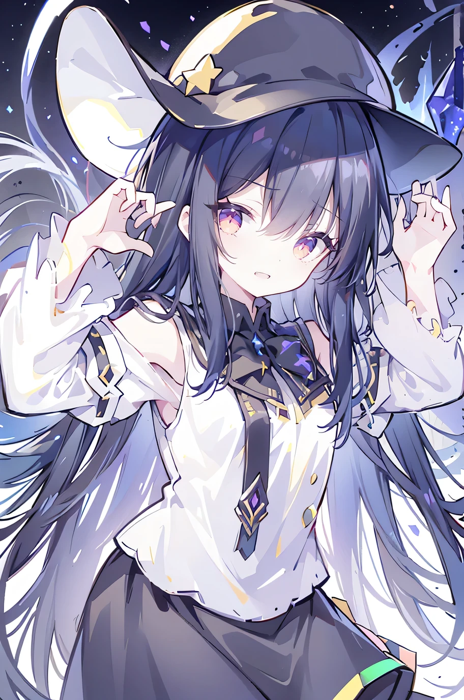 oung Girls,Humanity,A magician always smiles,big witch hat,cute,dark blue long hair,The eyes are dull,The bangs are heavy,Thin eyebrows,fantasy,intake,Double teeth,Star Theme,Constellation pattern,Solid color clothetal decoration,cloak,A bit of a dark atmosphere,A little crazy smile,When the big moon shines outside at night,blood,Hair black star embellishment,Short tie,No nails,High waist skirt,Bell sleeves,Long-sleeved shirt,Black tie,low risk,gentlemen。Mist、Yellow and white effect,Shocking pink as an accent color