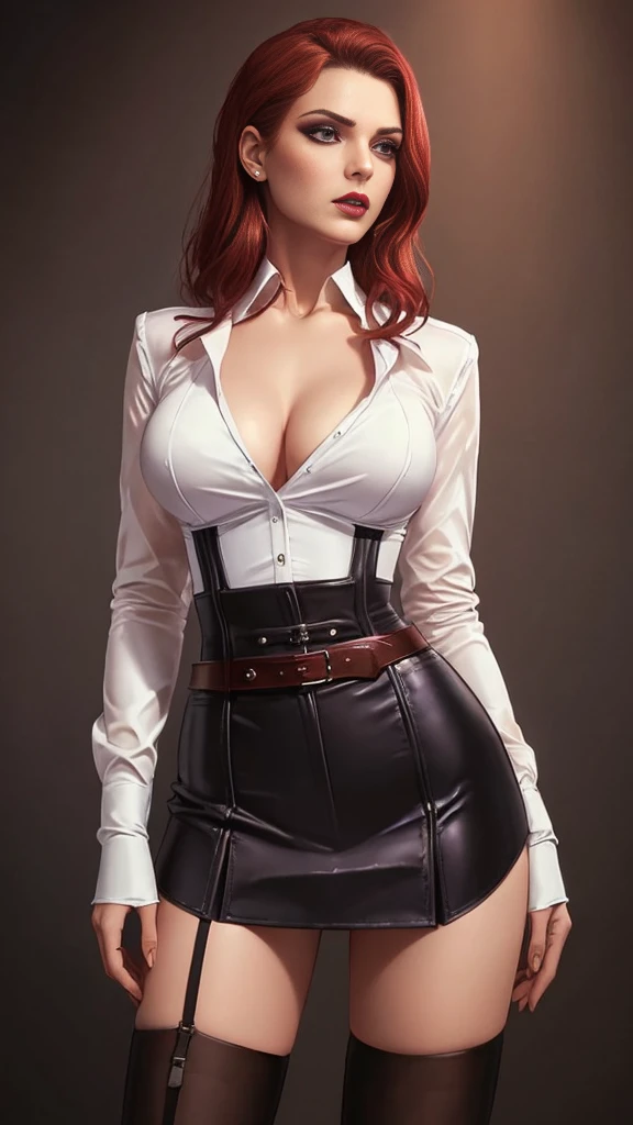 a gorgeous woman wearing a white silk shirt with a deep v neck, brown leather miniskirt, and a belt, cinched waist, dramatic lighting, photorealistic, high fashion editorial, corset, red hair, huge breasts, purple eyes, black makeup, crimson lips, looking at camera