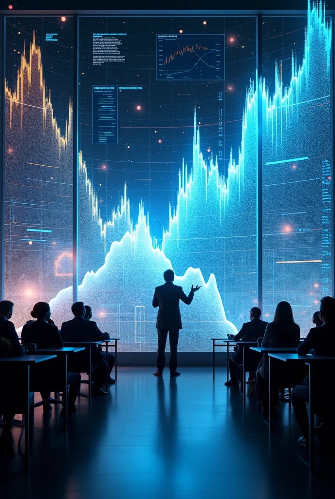 Represent the study of the economic cycle of a country with large futuristic-style graphs with a couple of young students, male and female, in a huge university classroom with a professor . Put students in a small part of the picture