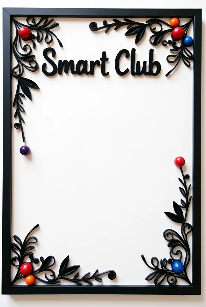 Here's a prompt you can use for an AI image generator:

"Create a bulletin board design with the title 'Smart Club' at the top in an elegant, modern font. The board should have a clean and minimalistic space below the title to allow for easy customization or adding content. Incorporate quilling art elements around the border or subtly in the design, using a black and white color theme. The quilling should be intricate, creating a sophisticated and artistic look without overwhelming the space below the title." Use marbles 