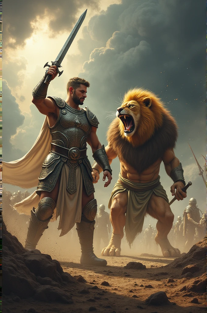 A warrior fighting a half-human lion-looking hybrid 