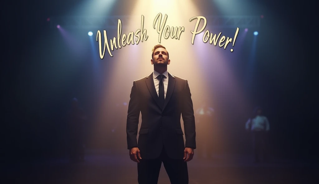 {
  "size": "1024x1024",
  "prompt": "A powerful and confident person standing in a spotlight with an aura of glowing gold, looking slightly upward with a half-smile, deep blues and purples as the primary background colors, with large bold text reading 'Unleash Your Power!' in white with a subtle shadow. In the background, shadowy silhouettes of people emphasize the person's unique empowerment."
}