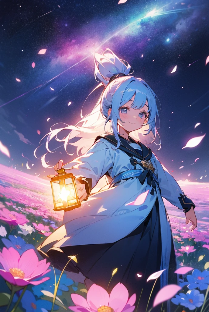 (High resolution、Very detailed、Hmph、movie)、alone、1 person、happiness、Girl Standing In Cosmos Flower Garden、Around the petals、ponytail、Cute Smile、Ezvian Everywhere、A girl with not too long hair、Light blueの髪、I&#39;m looking forward to、Fantasy、Official Art、Pop Art、profile、Very detailed顔、Very detailed目、Cosmos Flower Garden、Ultra Detailed Fields、White blue sky、 Light blue、Blanche、Nebula in the sky、Autumn foliage scenery、watercolor、pastel colour
