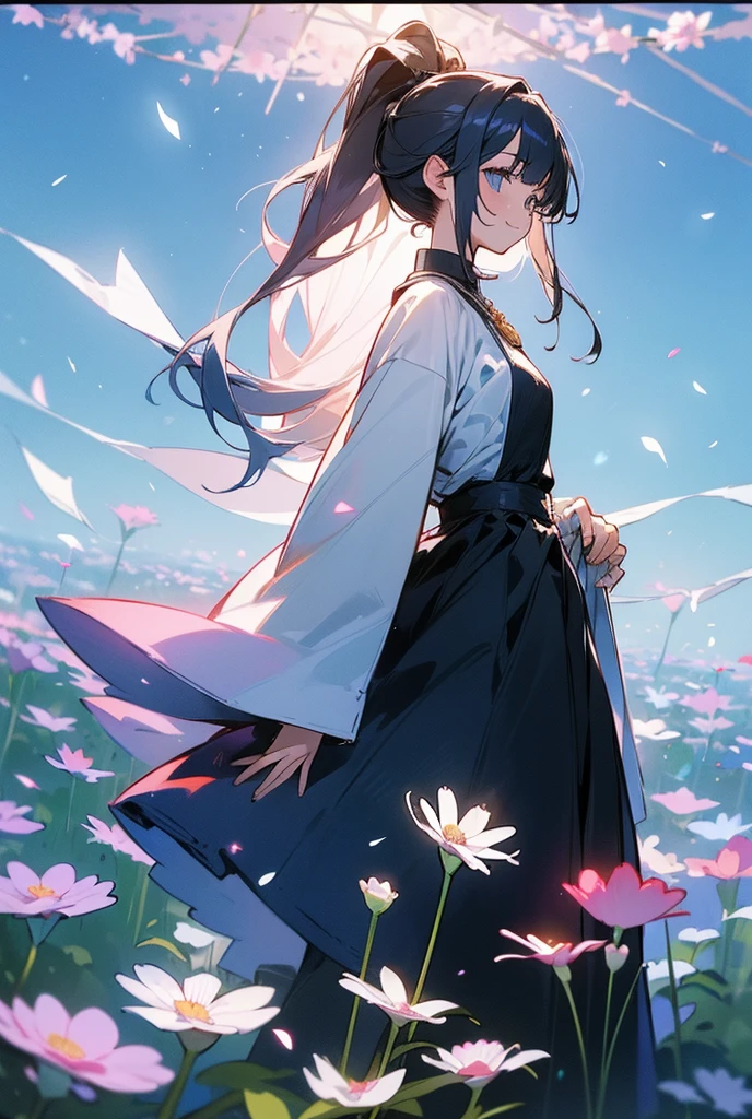 (High resolution、Very detailed、Hmph、movie)、alone、1 person、happiness、Girl Standing In Cosmos Flower Garden、Around the petals、ponytail、Cute Smile、Ezvian Everywhere、A girl with not too long hair、Light blueの髪、I&#39;m looking forward to、Fantasy、Official Art、Pop Art、profile、Very detailed顔、Very detailed目、Cosmos Flower Garden、Ultra Detailed Fields、White blue sky、 Light blue、Blanche、Nebula in the sky、Autumn foliage scenery、watercolor、pastel colour
