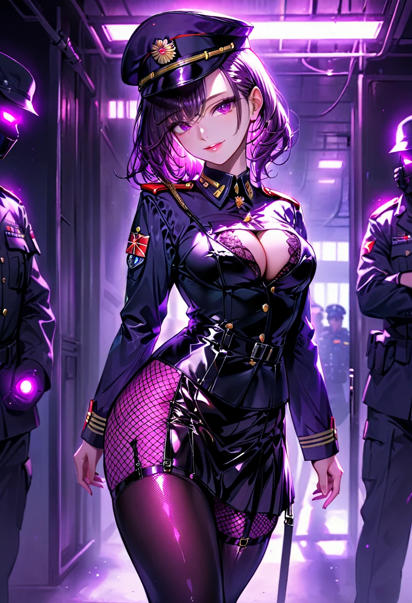 Mature beautiful woman,(Highest quality,Extremely detailed depiction,Incredibly absurd high resolution,Anatomically accurate depiction,Curvy Legs,A face with attention to detail, Eye for detail,Perfect body),(Glowing Skin,Shiny skin),(Sexy female soldier,uniform,Tight Skirt,High heels,Fishnet tights,Uniform cap,latex,garter belt),eyelash,Flashy makeup,eye shadow,Intensely glowing purple eyes,Half-closed eyes 1.3,There is cleavage in the chest,Shiny pink lipstick,Shadowed face,A seductive smile,whole body:1.1,background:military base,Dim atmosphere
