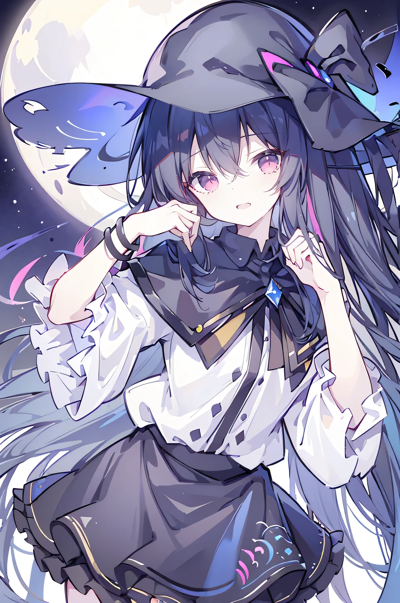 oung Girls,Humanity,A magician always smiles,big witch hat,cute,dark blue long hair,The eyes are dull,The bangs are heavy,Thin eyebrows,fantasy,intake,Double teeth,Star Theme,Constellation pattern,Solid color clothetal decoration,cloak,A bit of a dark atmosphere,A little crazy smile,When the big moon shines outside at night,blood,Hair black star embellishment,Short tie,No nails,High waist skirt,Bell sleeves,Long-sleeved shirt,Black tie,low risk,gentlemen。Mist、Yellow and white effect,Shocking pink as an accent color